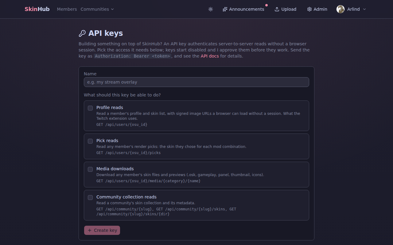The API keys page