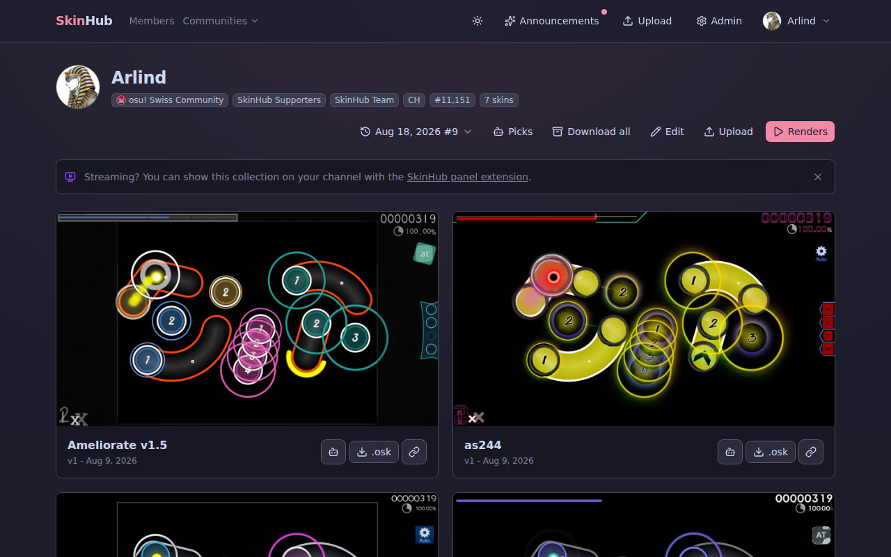 Your profile with the Renders, Edit and Upload actions